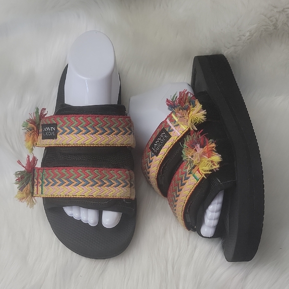 Lanvin Shoes - LANVIN SUICOKE Rainbow Embroidered Fringe Boho Platform Adjust Strap Sandals 7
